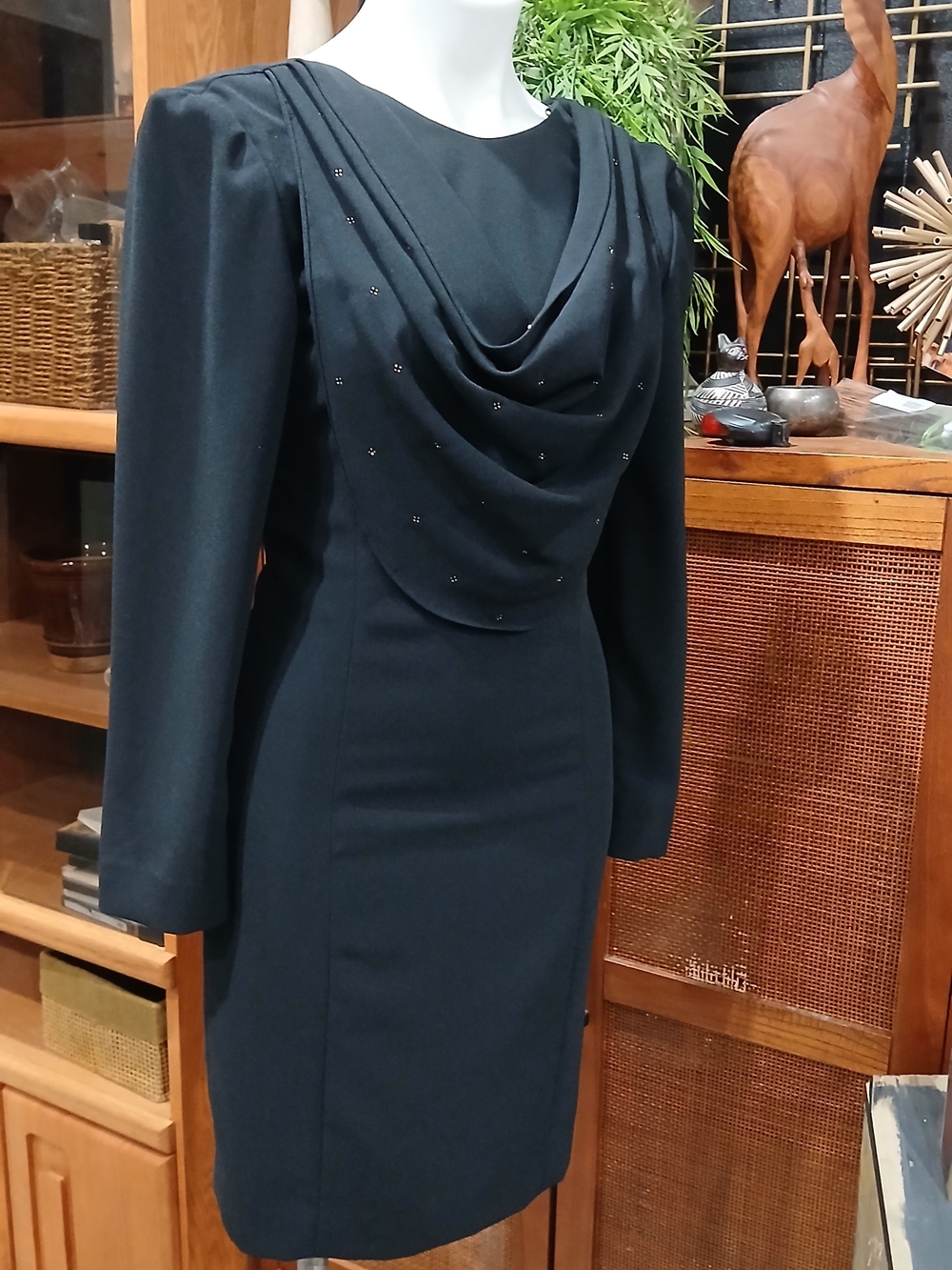 Liz Claiborne Black Draped Cowl Neck Long-Sleeve Dress